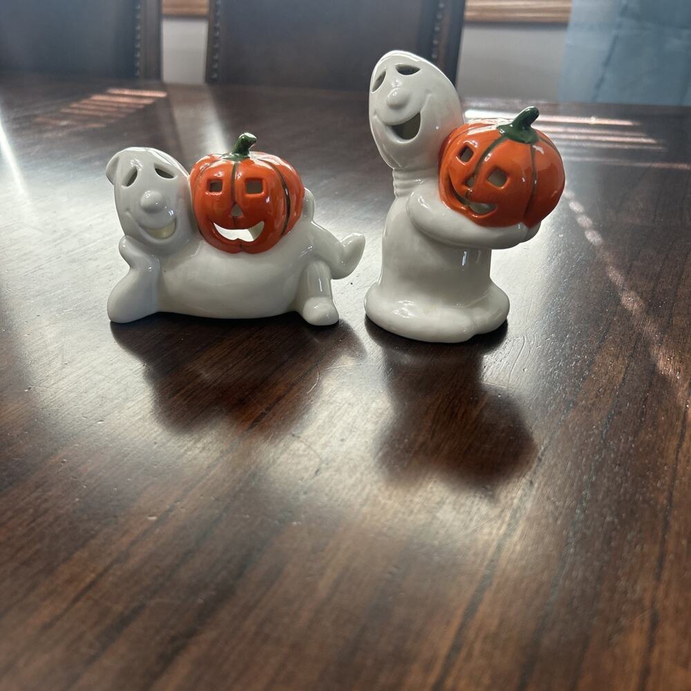 Vintage Halloween Ceramic Ghost Pumpkin Jack O Lantern Tea Light Holders